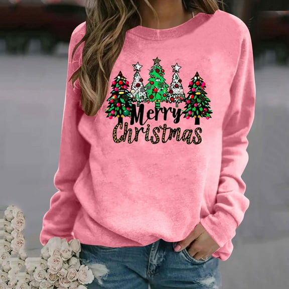 Uootdi Christmas Long Sleeve Sweatshirt for Women Funny Holiday Xmas Tree Gift Graphic Pullover Top Fashion Merry Holiday Light weight Shirt