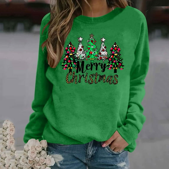 Uootdi Christmas Long Sleeve Sweatshirt for Women Funny Holiday Xmas Tree Gift Graphic Pullover Top Fashion Merry Holiday Light weight Shirt