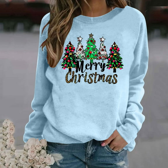 Uootdi Christmas Long Sleeve Sweatshirt for Women Funny Holiday Xmas Tree Gift Graphic Pullover Top Fashion Merry Holiday Light weight Shirt