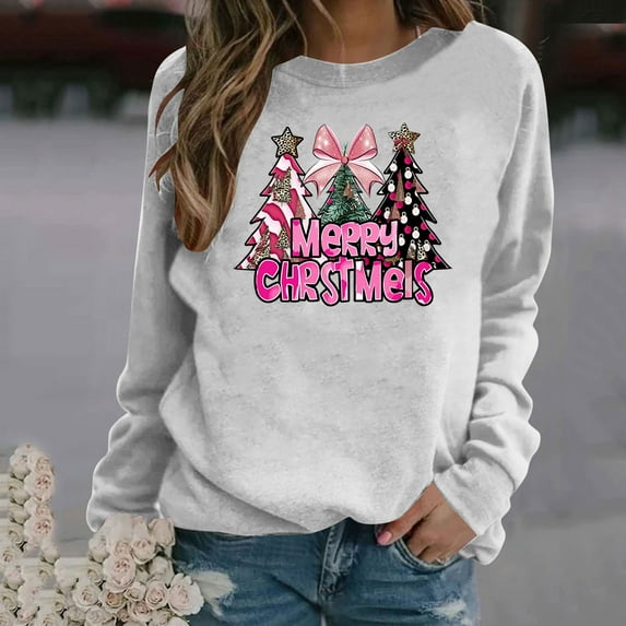 Uootdi Christmas Long Sleeve Sweatshirt for Women Funny Holiday Xmas Tree Graphic Pullover Gift Top Fashion Merry Holiday Light weight Shirt