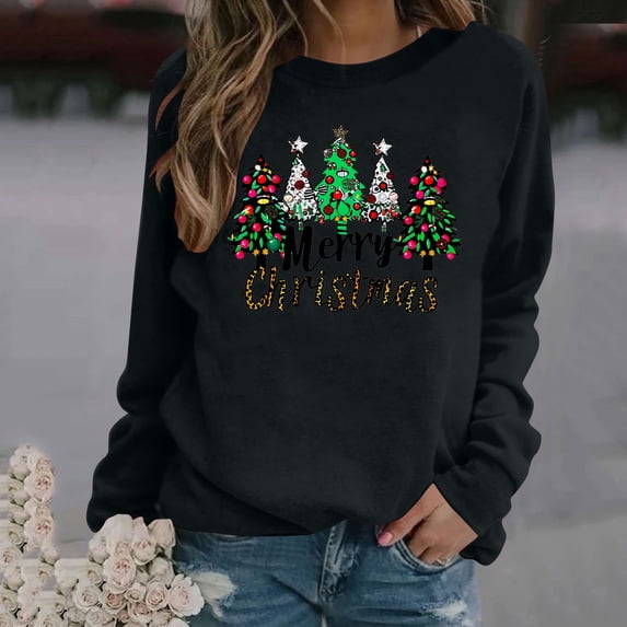 Uootdi Christmas Long Sleeve Sweatshirt for Women Funny Holiday Xmas Tree Graphic Pullover Gift Top Fashion Merry Holiday Light weight Shirt