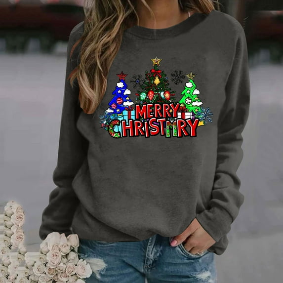Uootdi Christmas Long Sleeve Sweatshirt for Women Funny Holiday Xmas Tree Graphic Pullover Gift Top Fashion Merry Holiday Light weight Shirt