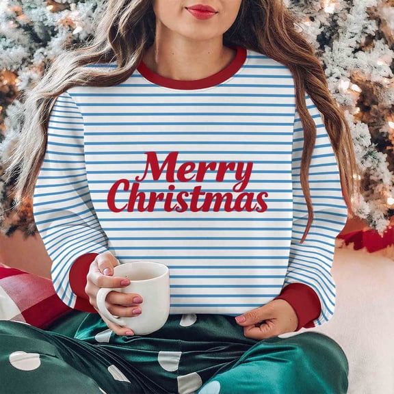 Uootdi Christmas Long Sleeve Sweatshirts For Women Oversized Embroidered Striped Merry Christmas Letter Gift Printed Pullove r Ugly Xmas Sweater Tops