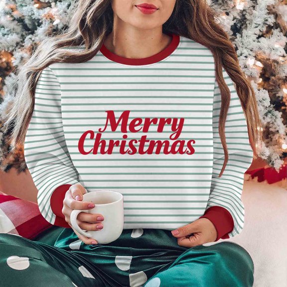 Uootdi Christmas Long Sleeve Sweatshirts For Women Oversized Embroidered Striped Merry Christmas Letter Gift Printed Pullove r Ugly Xmas Sweater Tops