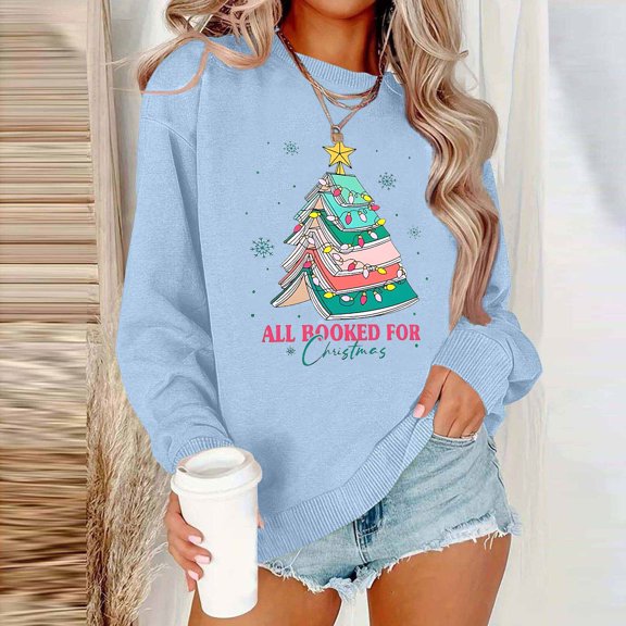 Uootdi Christmas Long Sleeve Sweatshirts for Gift Women Crewneck Christmas Gnome Wine Glass Cute Santa Hat Xmas Tree Graphic T-S hirts