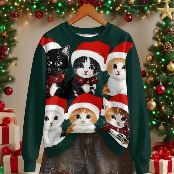 Uootdi Christmas Long Sleeve Sweatshirts for Women Crewneck Cartoon Funny Xmas Cute Snowman Print Sweater Sweaters Gift Holida y Pullover