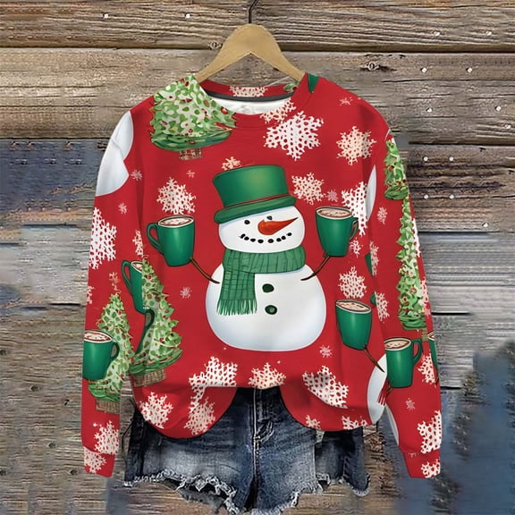 Uootdi Christmas Long Sleeve Sweatshirts for Women Crewneck Cartoon Funny Xmas Cute Snowman Print Sweater Sweaters Gift Holida y Pullover