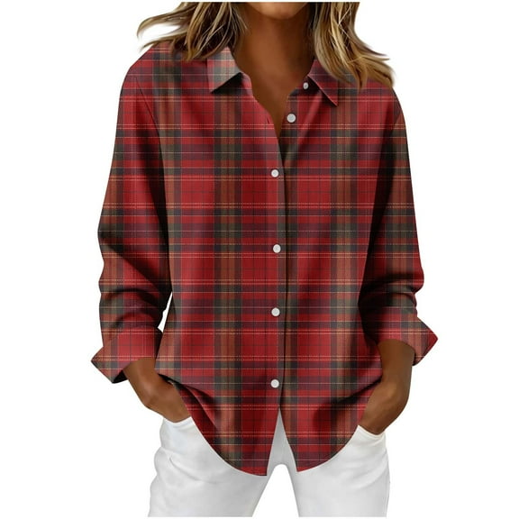 Uootdi Christmas Plaid Striped Long Sleeve Shirts for Women Cute Christmas V-Neck Button Down Tops Dressy Versatile Classic Loose Fit Tops Gift