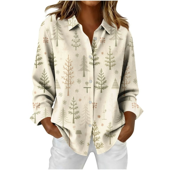 Uootdi Christmas Plaid Striped Long Sleeve Shirts for Women Cute Christmas V-Neck Button Down Tops Dressy Versatile Classic Loose Fit Tops Gift