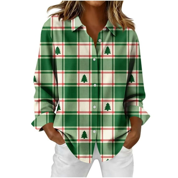 Uootdi Christmas Plaid Striped Long Sleeve Shirts for Women Cute Christmas V-Neck Button Down Tops Dressy Versatile Classic Loose Fit Tops Gift