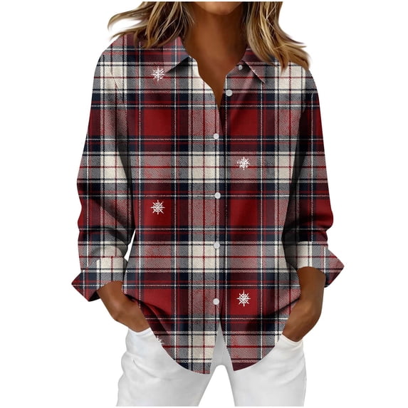 Uootdi Christmas Plaid Striped Long Sleeve Shirts for Women Cute Christmas V-Neck Button Down Tops Dressy Versatile Classic Loose Fit Tops Gift