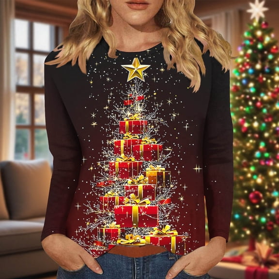 Uootdi Christmas Shirts for Women Long Sleeve Gift T Shirts Funny Xmas Tree Graphic Crewneck Fall Fashion Casual Tunics Blouses