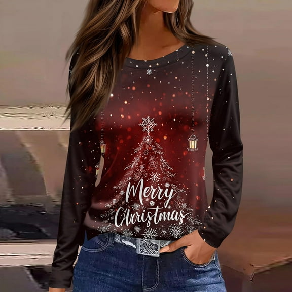 Uootdi Christmas Shirts for Women Long Sleeve T Shirts Funny Xmas Tree Graphic Crewneck Fall Gift Fashion Casual Tunics Blouses