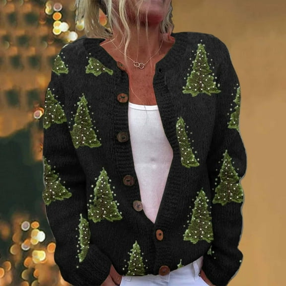 Uootdi Christmas Sweater for Women Cute Gift Xmas Button Down cardigan Sweater for Women Fall Winter Knitted Outerwear Coat