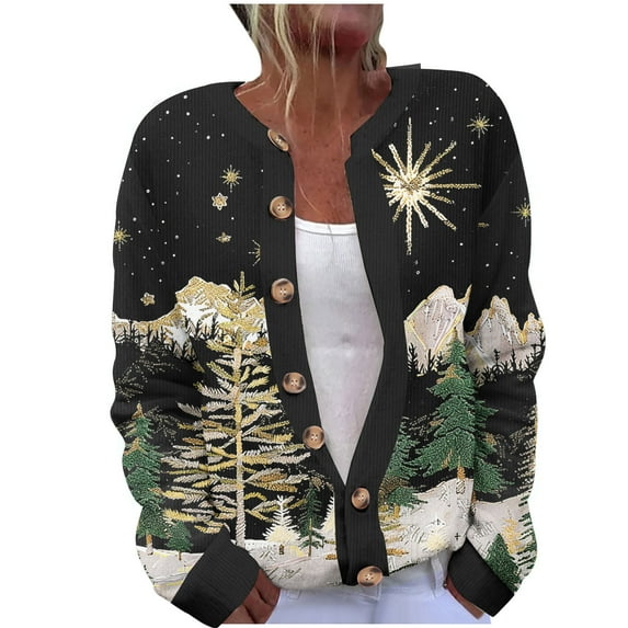 Uootdi Christmas Sweater for Women Cute Gift Xmas Button Down cardigan Sweater for Women Fall Winter Knitted Outerwear Coat