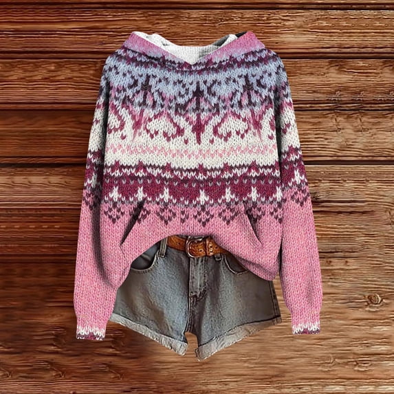 Uootdi Christmas Sweater for Women Halloween Womens Long Sleeve Boho Plus Size Knit Tops for Women Elk Gift Snowman Snowflake Pri nted