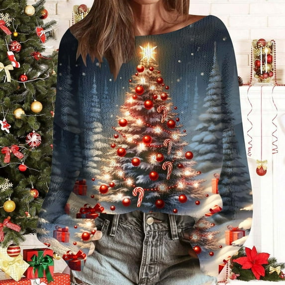 Uootdi Christmas Sweaters for Women Vintage Christmas Tree Xmas Print Long Sleeve Knit Sweaters Holiday Pullover Artful Cozy Sweaters Gift