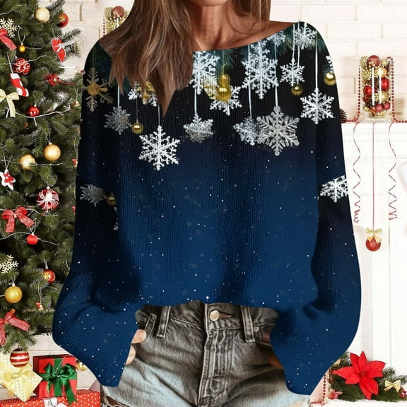 Uootdi Christmas Sweaters for Women Vintage Christmas Tree Xmas Print Long Sleeve Knit Sweaters Holiday Pullover Artful Cozy Sweaters Gift