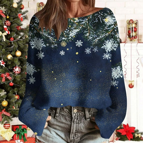 Uootdi Christmas Sweaters for Women Vintage Christmas Tree Xmas Print Long Sleeve Knit Sweaters Holiday Pullover Artful Cozy Sweaters Gift