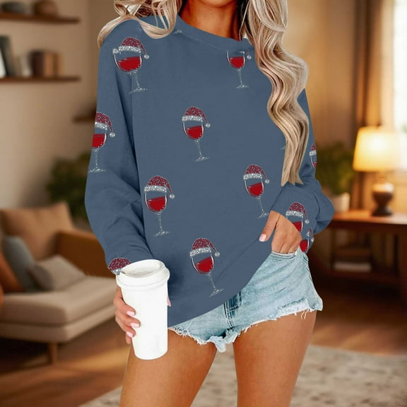Uootdi Christmas Sweatshirt for Women Gift Sparkly Long Sleeve Pullover Xmas Tree Print Tee Tops Lightweight Comfy Holiday Tuni c Blouse