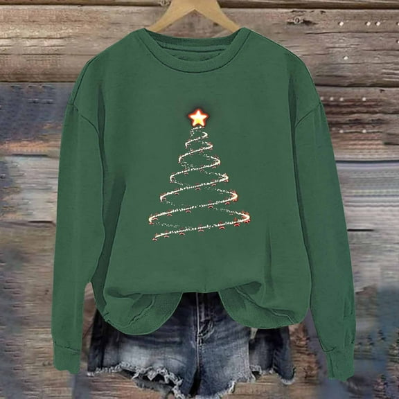 Uootdi Christmas Sweatshirt for Women Gift Sparkly Long Sleeve Pullover Xmas Tree Print Tee Tops Lightweight Comfy Holiday Tuni c Blouse