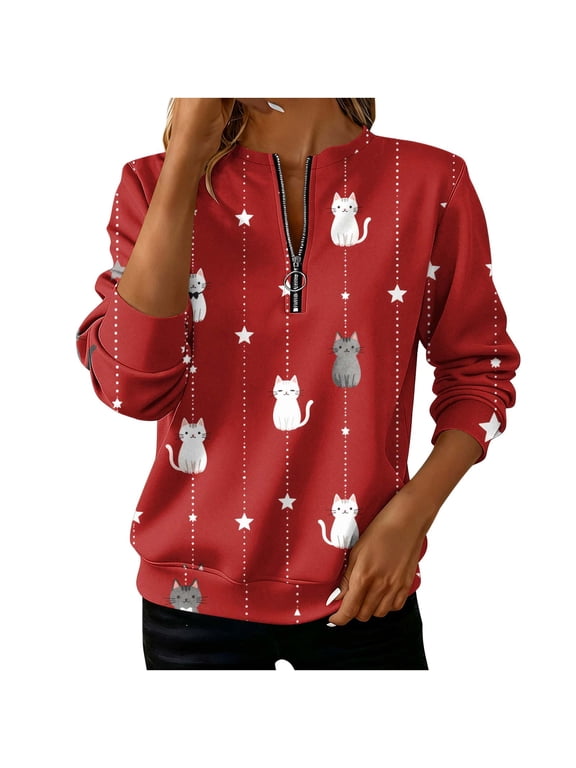 Christmas Sweatshirts for Women 1/4 Zip Stand Collar Long Sleeve Pullover Funny Xmas Graphic Casual Loose Fit Winter Holiday Tops Gift