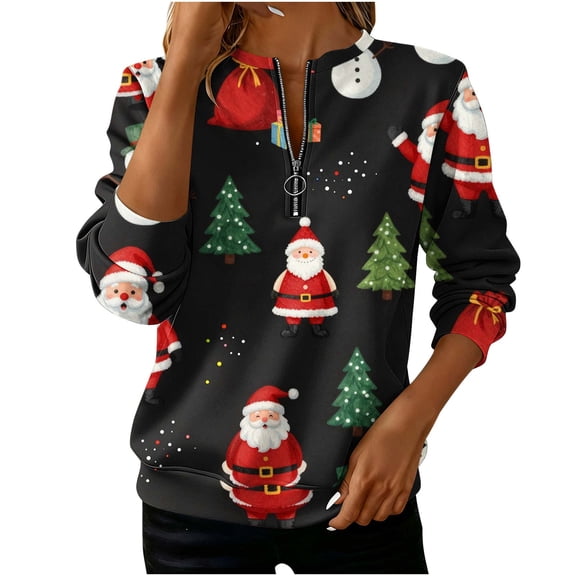 Uootdi Christmas Sweatshirts for Women 1/4 Zip Stand Collar Long Sleeve Pullover Funny Xmas Graphic Casual Loose Fit Winter Holiday Tops Gift