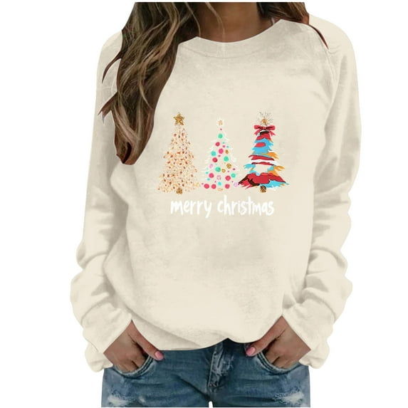 Uootdi Christmas Sweatshirts for Women Christmas Trees Snowflake Snowman Reindeer Sequined Print Gift Blouse Long Sleeve T Shi rts for Women