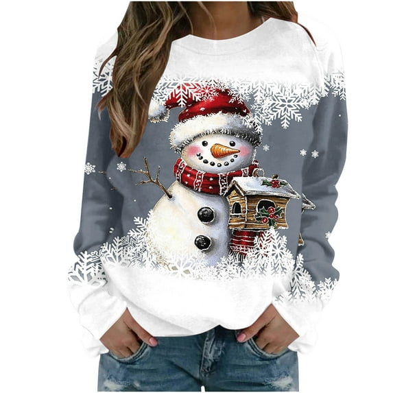 Uootdi Christmas Sweatshirts for Women Christmas Trees Snowflake Snowman Reindeer Sequined Print Gift Blouse Long Sleeve T Shi rts for Women