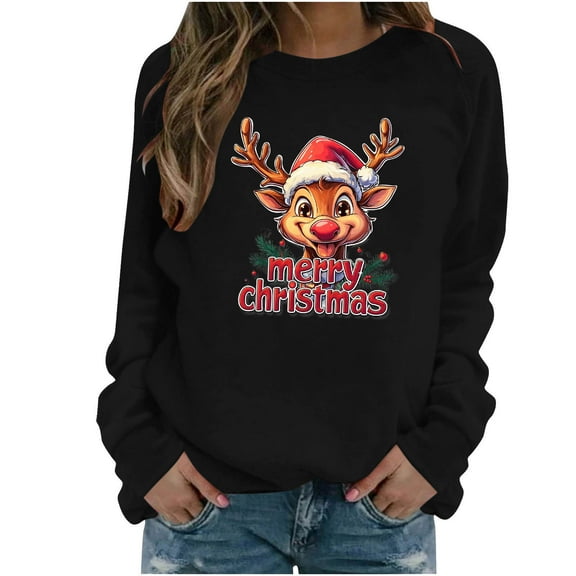 Uootdi Christmas Sweatshirts for Women Christmas Trees Snowflake Snowman Reindeer Sequined Print Gift Blouse Long Sleeve T Shi rts for Women