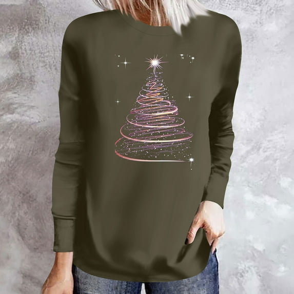 Uootdi Christmas Sweatshirts for Women Gift Christmas Trees Snowflake Snowman Reindeer Sequined Print Blouse Long Sleeve T Shi rts for Women