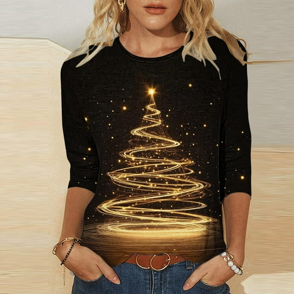 Uootdi Christmas Tree Christmas Shirts for Women 3/4 Sleeve Tunic Tops Glitter Xmas Classic Print Tshirt Crewneck Pullove Gift r Blouses Gifts