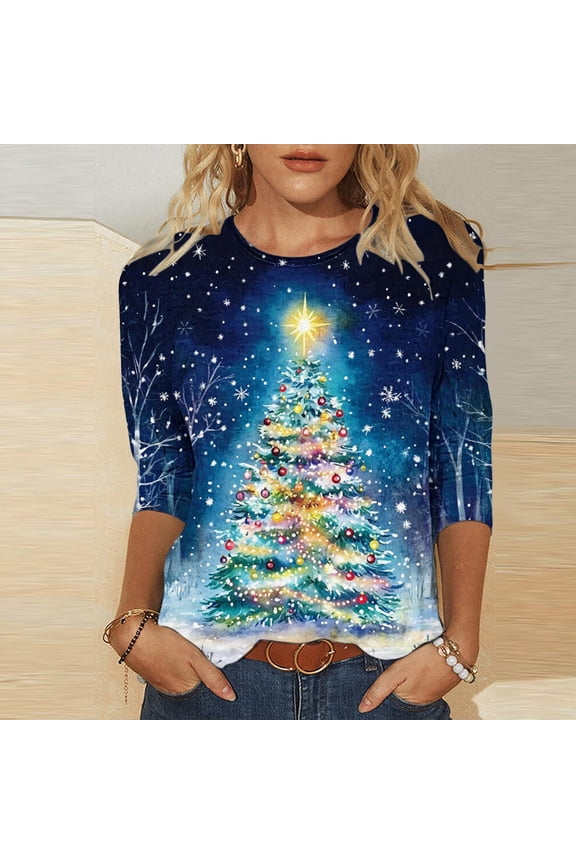 Christmas Tree Christmas Shirts for Women 3/4 Sleeve Tunic Tops Glitter Xmas Classic Print Tshirt Crewneck Pullove Gift r Blouses Gifts