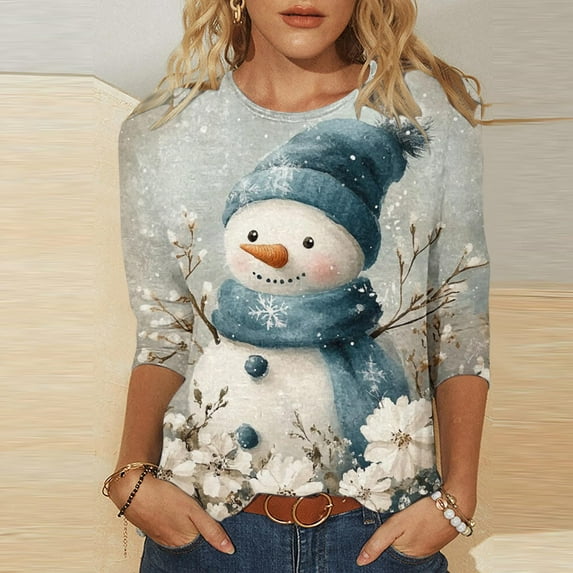 Uootdi Christmas Tree Christmas Shirts for Women 3/4 Sleeve Tunic Tops Glitter Xmas Classic Print Tshirt Crewneck Pullove Gift r Blouses Gifts