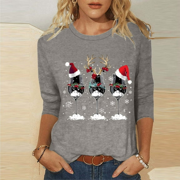 Uootdi Christmas Tree Shirts for Women 3/4 Length Sleeve Tunic Blouses Xmas Tree Christmas Snowman Cute Print Tops Crew Gift Neck