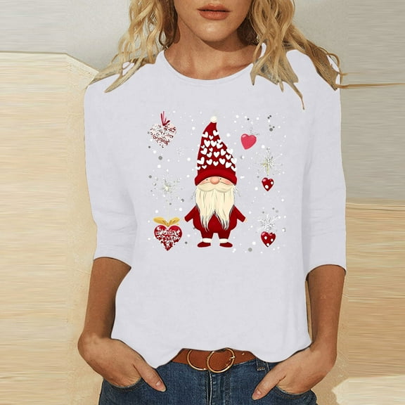 Uootdi Christmas Tree Shirts for Women Gift 3/4 Length Sleeve Tunic Blouses Xmas Tree Christmas Snowman Cute Print Tops Crew Neck
