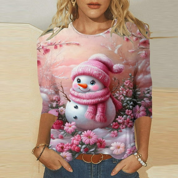 Uootdi Christmas Tree Shirts for Women Gift 3/4 Length Sleeve Tunic Blouses Xmas Tree Christmas Snowman Cute Print Tops Crew Neck