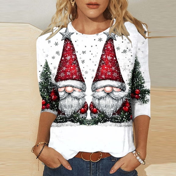 Uootdi Christmas Tree Shirts for Women Gift 3/4 Length Sleeve Tunic Blouses Xmas Tree Christmas Snowman Cute Print Tops Crew Neck