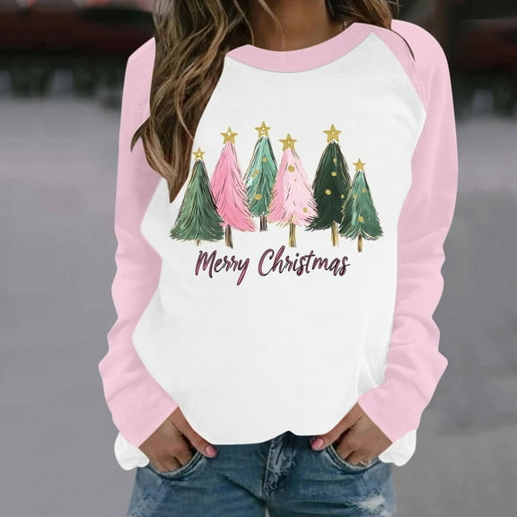 Uootdi Christmas Tree Snowflake Christmas Lights Printed Long Sleeve Sweatshirt Gift For Women Santa Christmas Class Graphic Patchwork Pullover Xmas