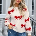 thumbnail image 1 of Uootdi Christmas Women's Bow Graphic Sweater Crew Neck Long Sleeve Knit Pullover Trendy Fall Winter Top Soft Cozy Casual Jumper Cute Ribbon Print Sweater for Daily Outfits, 1 of 9