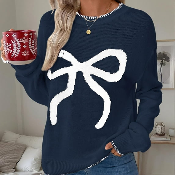 Uootdi Christmas Women's Bow Graphic Sweater Crew Neck Long Sleeve Knit Pullover Trendy Fall Winter Top Soft Cozy Casual Jumper Cute Ribbon Print Sweater for Daily Outfits