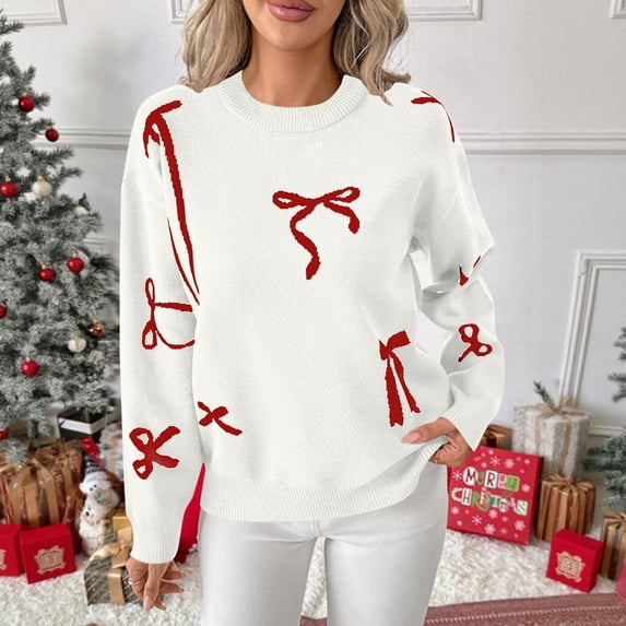 Uootdi Christmas Women's Bow Graphic Sweater Crew Neck Long Sleeve Knit Pullover Trendy Fall Winter Top Soft Cozy Casual Jumper Cute Ribbon Print Sweater for Daily Outfits