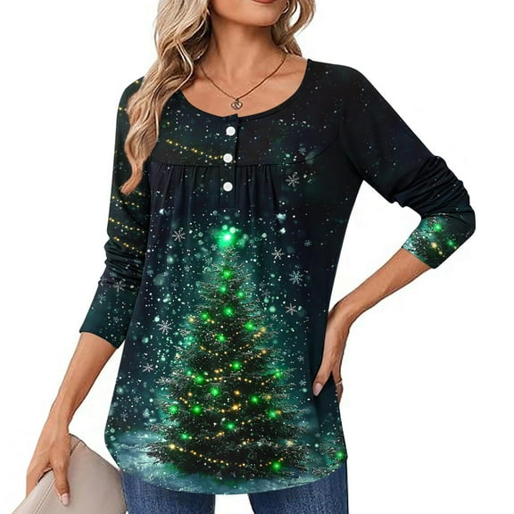 Uootdi Christmas Women's Long Sleeve Tops Buttons Up Pleated Blouses Cute Holiday Graphic Tees Casual Gift Fall/Winter Pullov er Blouses