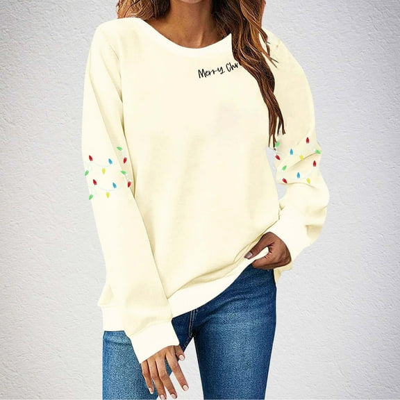Uootdi Christmas Womens Long Sleeve Tops Christmas Printed Tee Shirt Merry Christmas Shirt Casual Crewneck Loose Fit Pull Gift over Tops