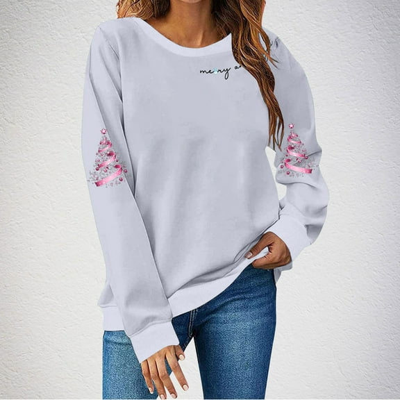 Uootdi Christmas Womens Long Sleeve Tops Christmas Printed Tee Shirt Merry Christmas Shirt Casual Crewneck Loose Fit Pull Gift over Tops