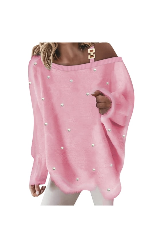 Cold Gift Shoulder Sweaters for Women Fuzzy FleeceTrendy Pearl Decor Loose Long Sleeve Pullover Jumper Tops