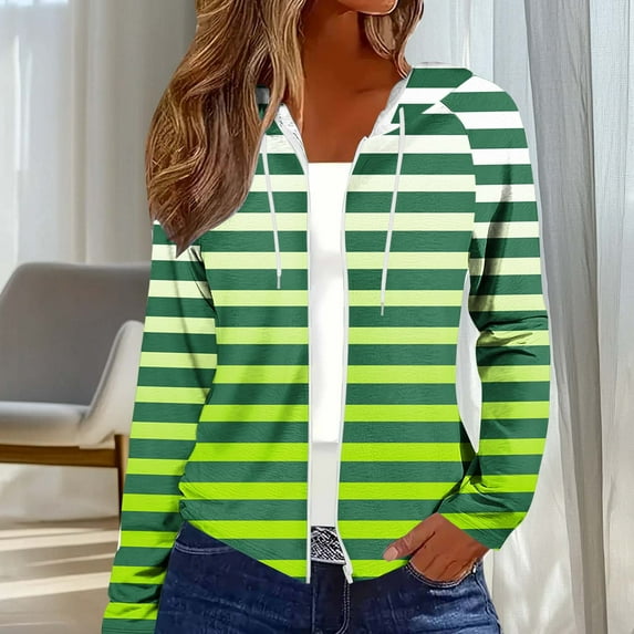 Uootdi Color Block Zip Up Drawstring Hoodies for Women Striped Casual Loose Fit Long Sleeve Sweatshirt Jacket with Pockets