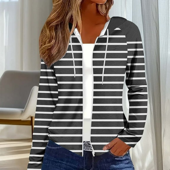 Uootdi Color Block Zip Up Drawstring Hoodies for Women Striped Casual Loose Fit Long Sleeve Sweatshirt Jacket with Pockets