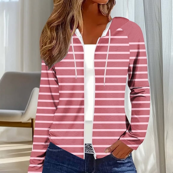 Uootdi Color Block Zip Up Drawstring Hoodies for Women Striped Casual Loose Fit Long Sleeve Sweatshirt Jacket with Pockets
