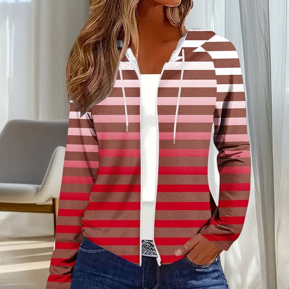 Uootdi Color Block Zip Up Drawstring Hoodies for Women Striped Casual Loose Fit Long Sleeve Sweatshirt Jacket with Pockets